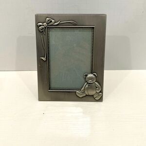Burned Of Boston Vintage Pewter Baby Picture Frame With Bear And Bow Detail